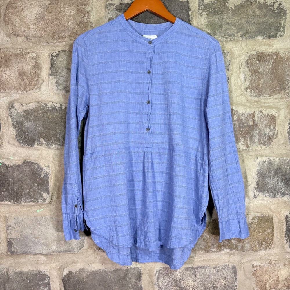 Lou & Grey Blue Textured Stripe Long Sleeve Band Collar Tunic Blouse M Coastal